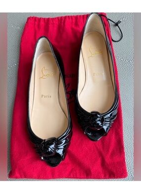 Christian Louboutin Black Patent Leather Peep-Toe Ballet Flats